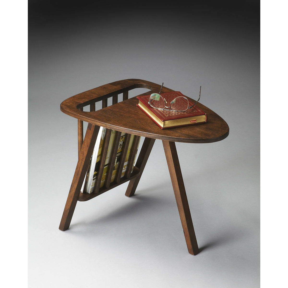 Butler Specialty Sleek Stylish Modern Triangular Dark Brown Wood Magazine Table Chairside Chests Butler Specialty