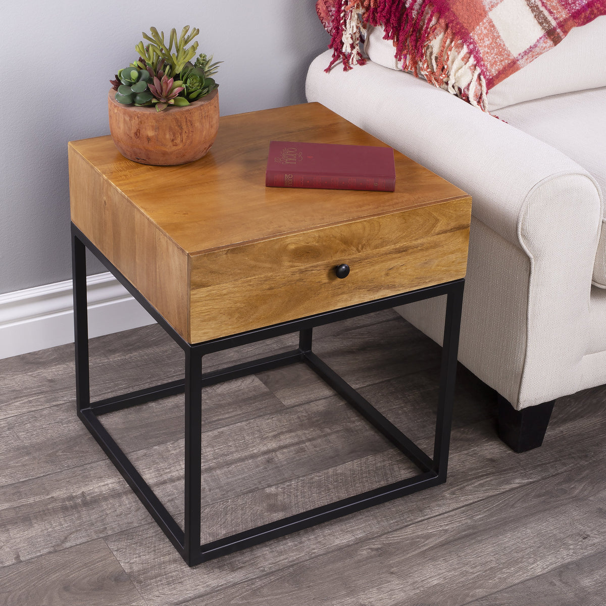 Butler Specialty Minimalistic Industrial Style Square Wood Iron End Table Accent Tables Butler Specialty
