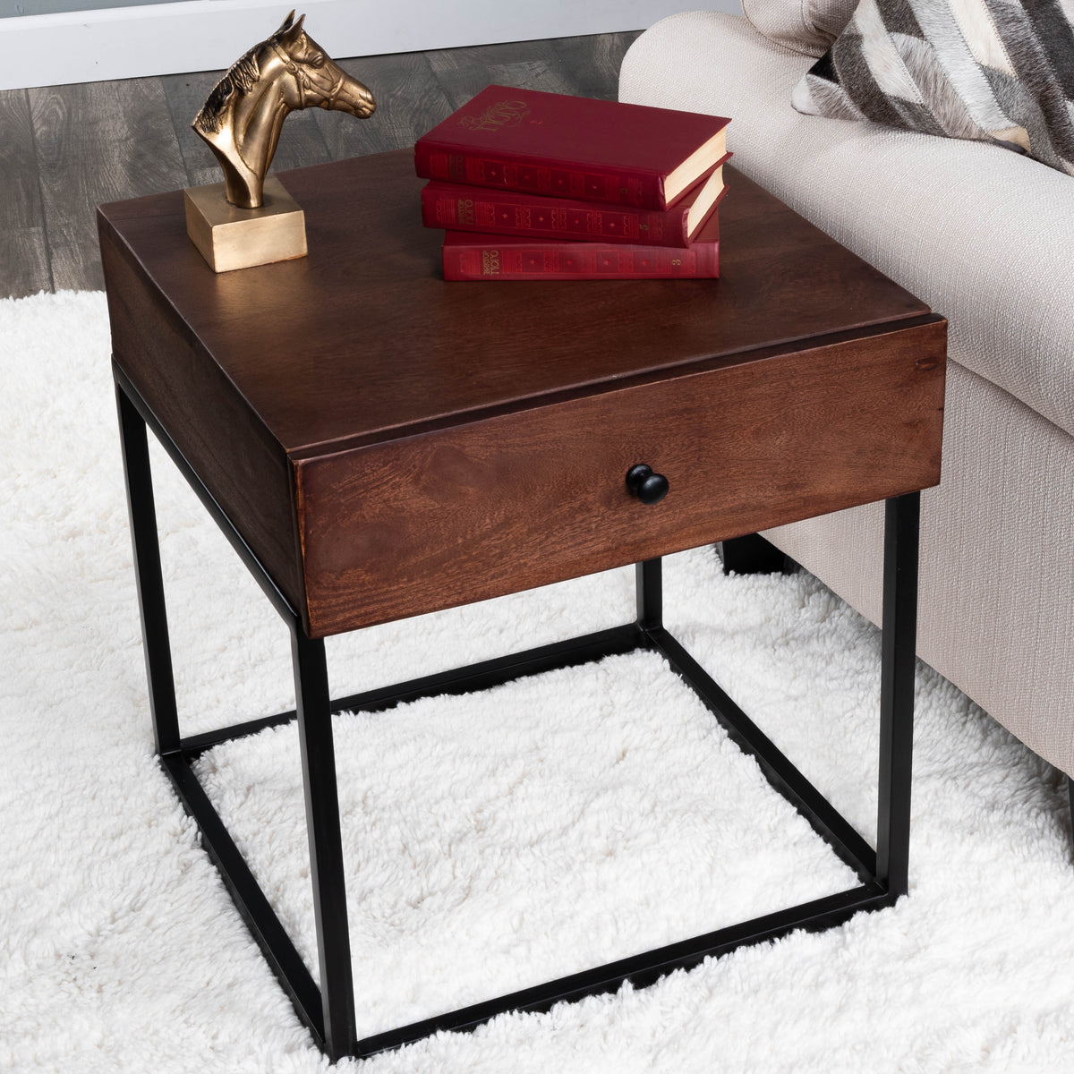 Butler Specialty Minimalistic Industrial Style Square Dark Brown Coffee Iron End Table Accent Tables Butler Specialty