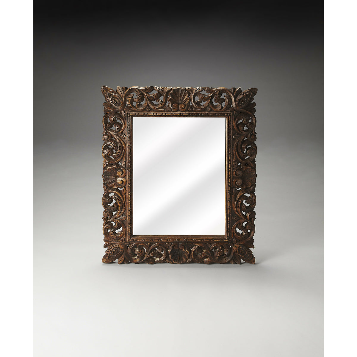Butler Specialty Traditional Rectangular Light Brown Carved Reclaimed Wood Wall Mirror Mirrors Butler Specialty