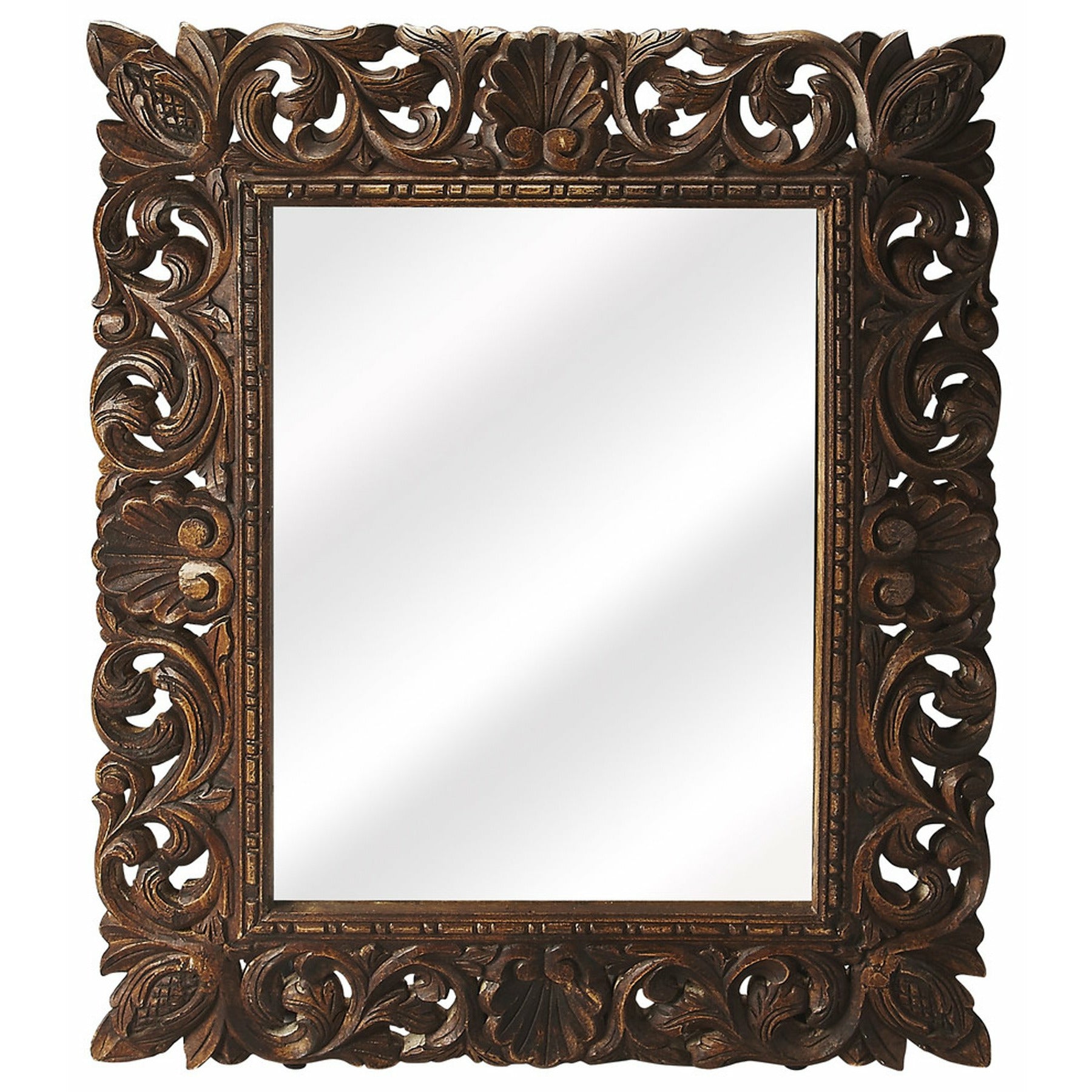 Butler Specialty Traditional Rectangular Light Brown Carved Reclaimed Wood Wall Mirror Mirrors Butler Specialty