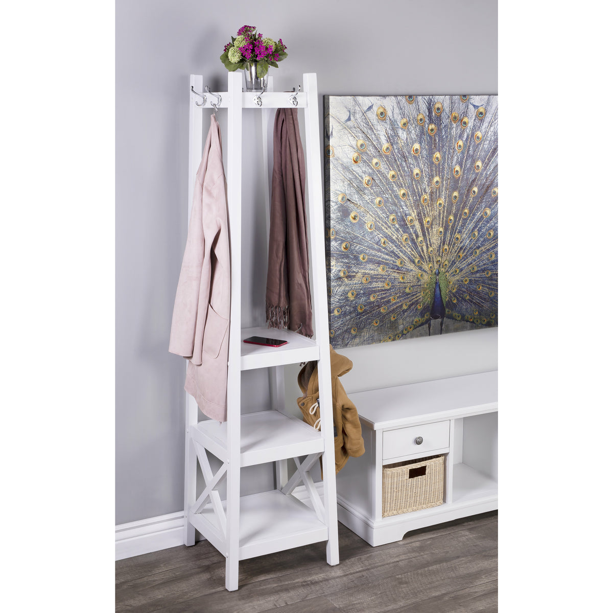 Butler Specialty Rectangular White Coat Rack With Shelves Costumers/Hall Trees Butler Specialty