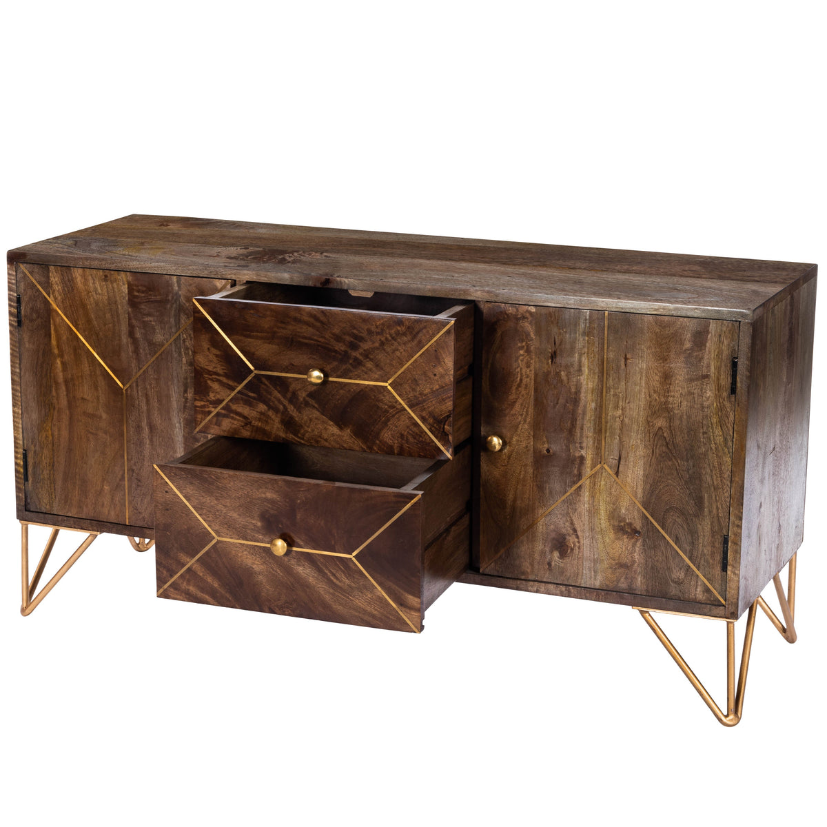 Butler Specialty Minimalist Modern Rectangular Medium Brown Wood Brass Metal Inlay Entertainment Console Entertainment Centers Butler Specialty
