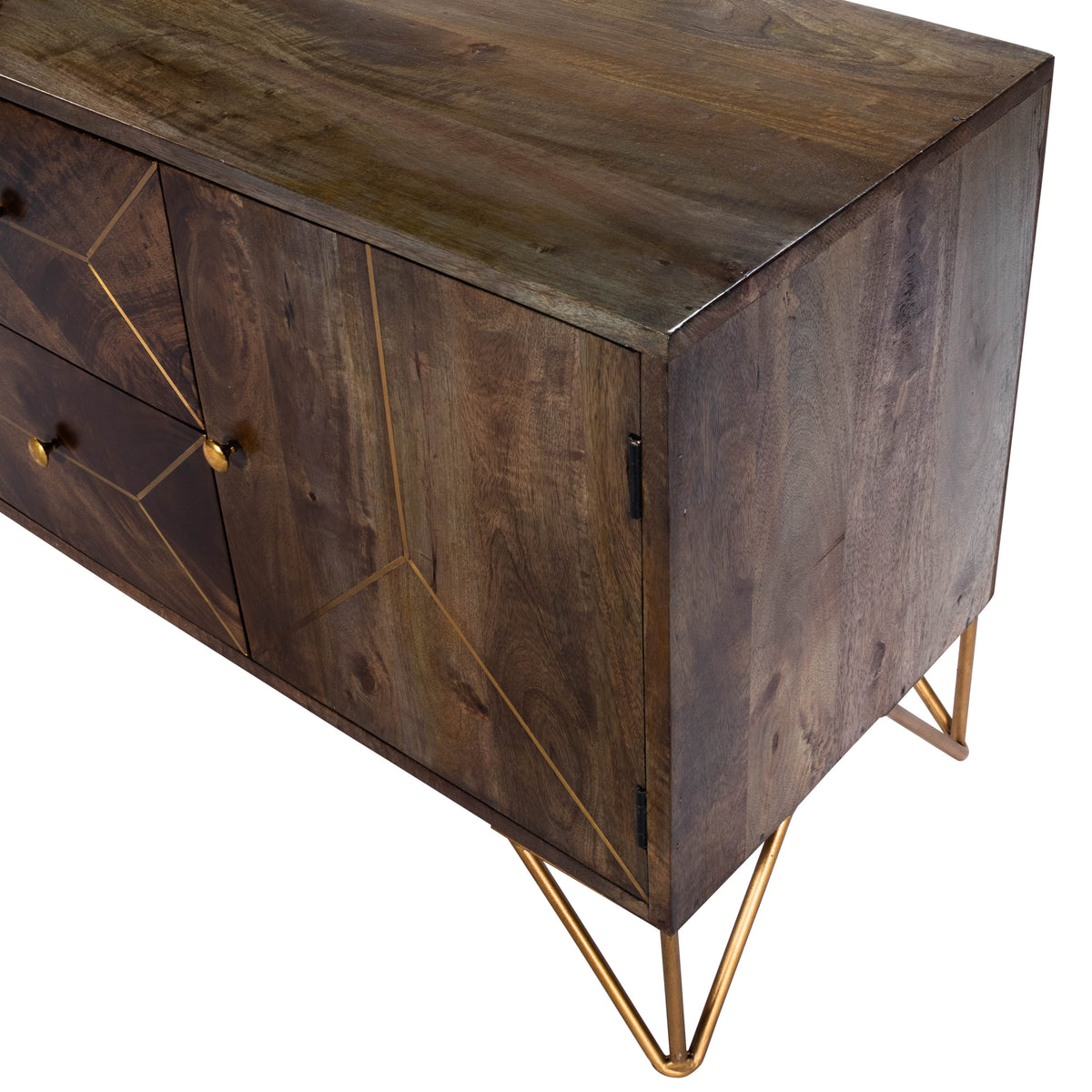 Butler Specialty Minimalist Modern Rectangular Medium Brown Wood Brass Metal Inlay Entertainment Console Entertainment Centers Butler Specialty