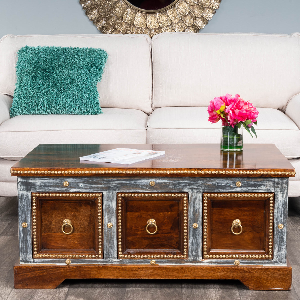 Butler Specialty Traditional Rectangular Medium Brown Wood Hand Painted Storage Coffee Table Cocktail Tables Butler Specialty