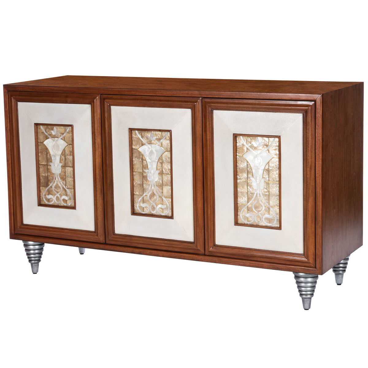 Butler Specialty Elegant Transitional Rectangular Medium Brown Leather Capiz Shell Inlay Sideboard Chests/Cabinets Butler Specialty