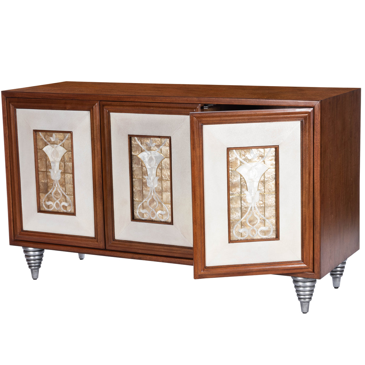 Butler Specialty Elegant Transitional Rectangular Medium Brown Leather Capiz Shell Inlay Sideboard Chests/Cabinets Butler Specialty